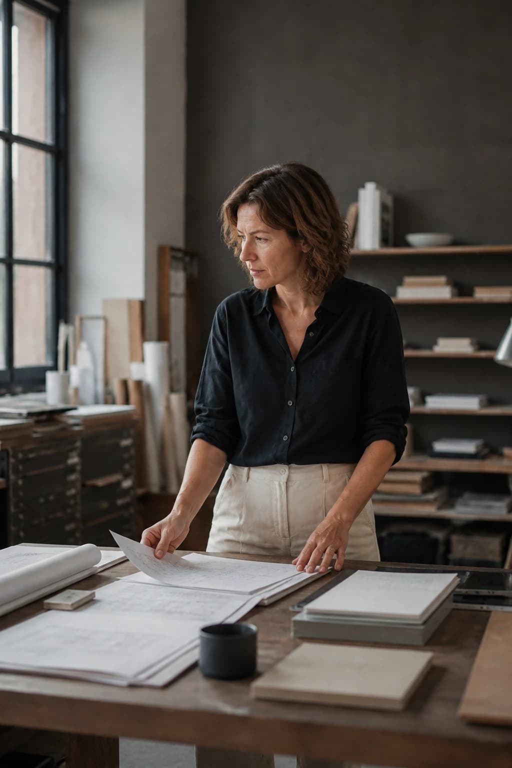 Professional reviewing plans in a working studio